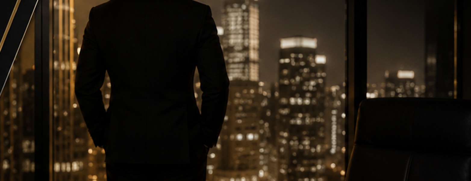 Executive overlooking a city skyline at night